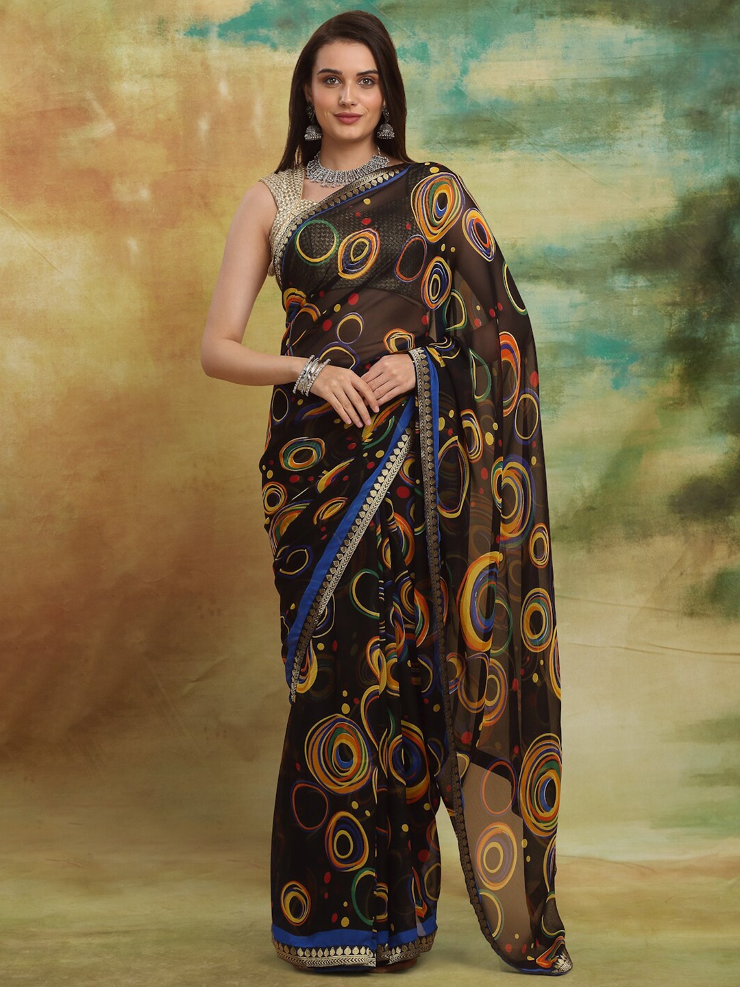 

Anuradha Sarees Geometric Zari Block Print Saree, Black