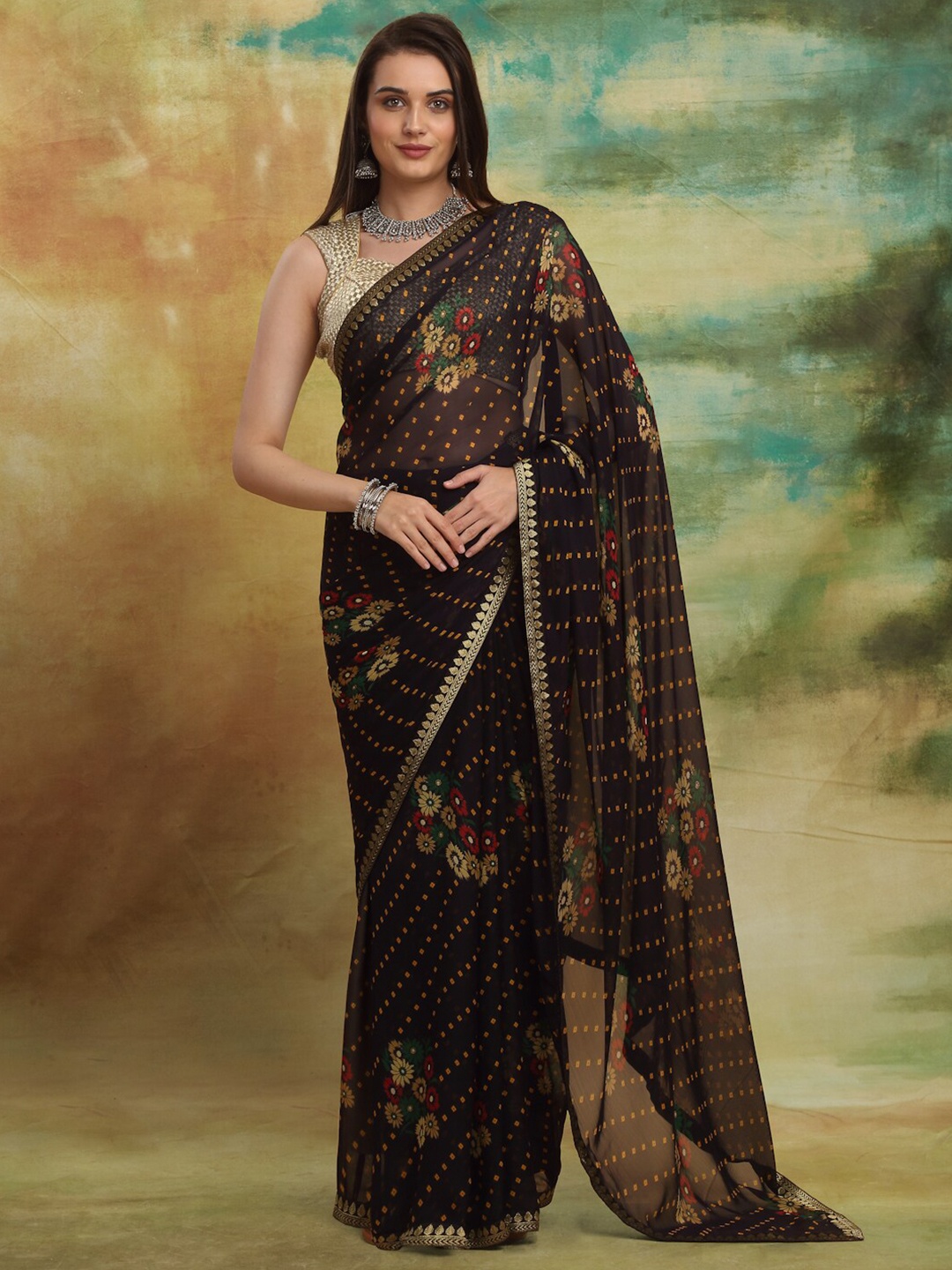 

Anuradha Sarees Floral Zari Block Print Saree, Blue