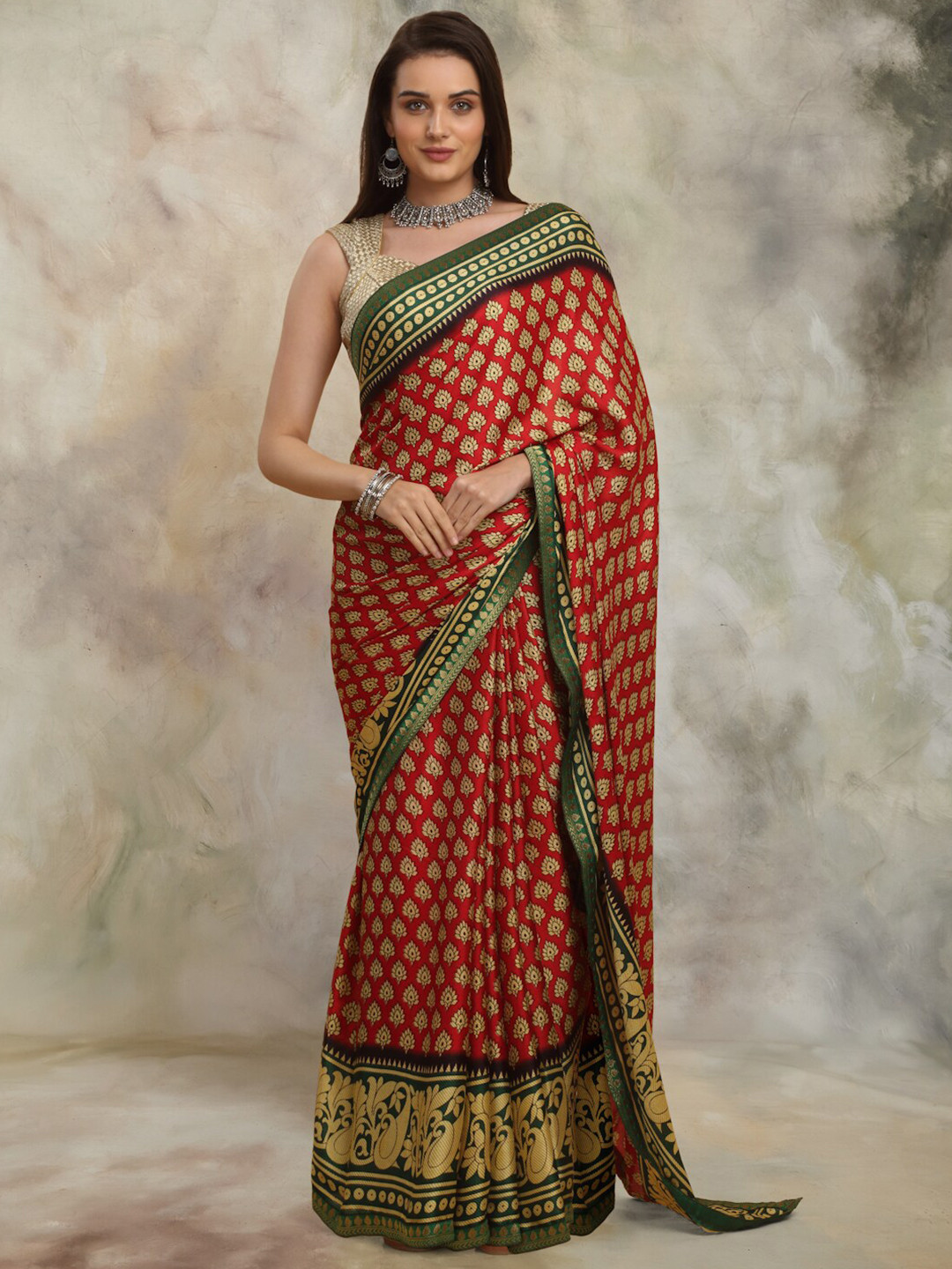 

Anuradha Sarees Ethnic Motifs Zari Block Print Saree, Red