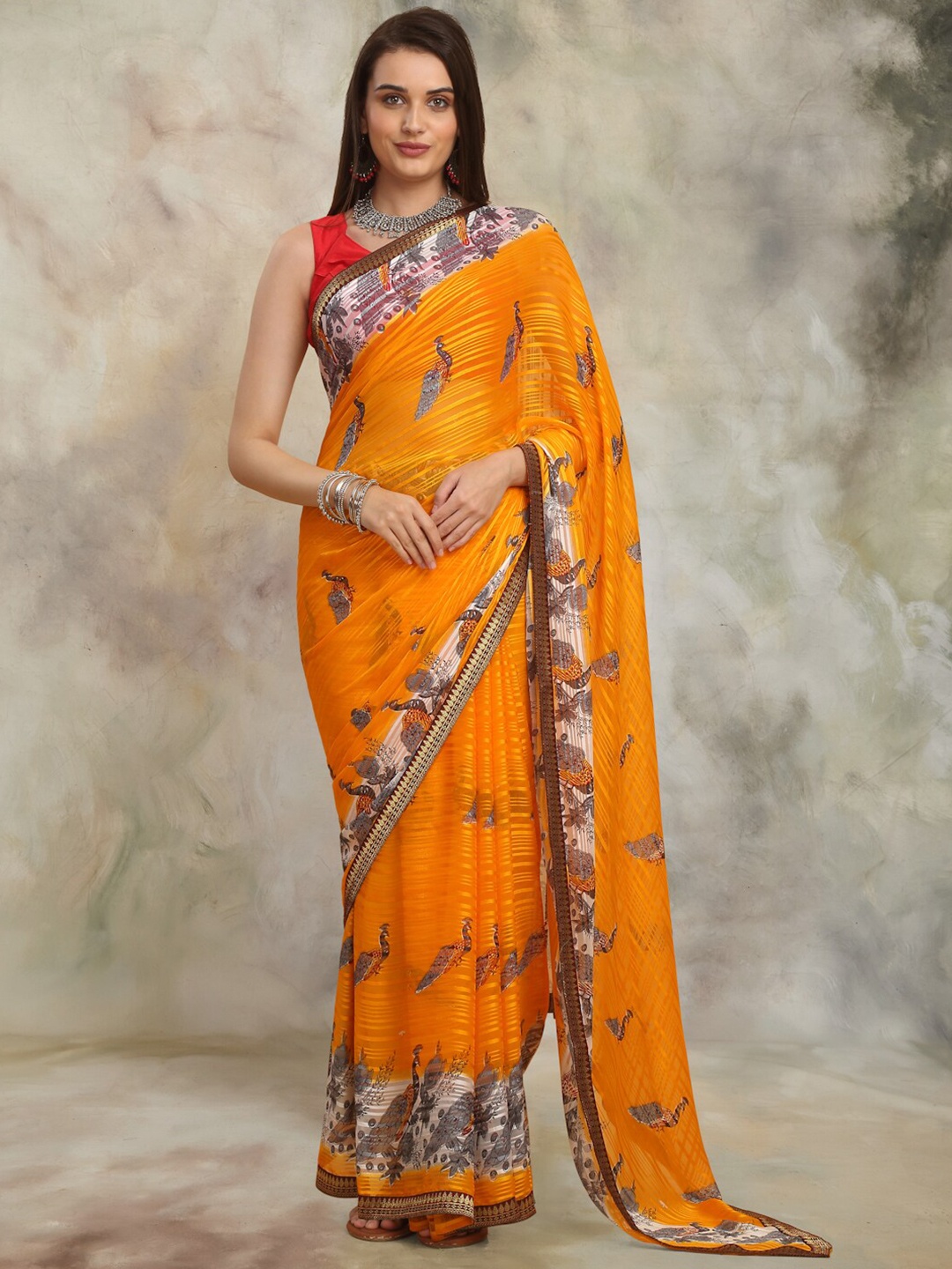 

Anuradha Sarees Floral Zari Block Print Saree, Yellow