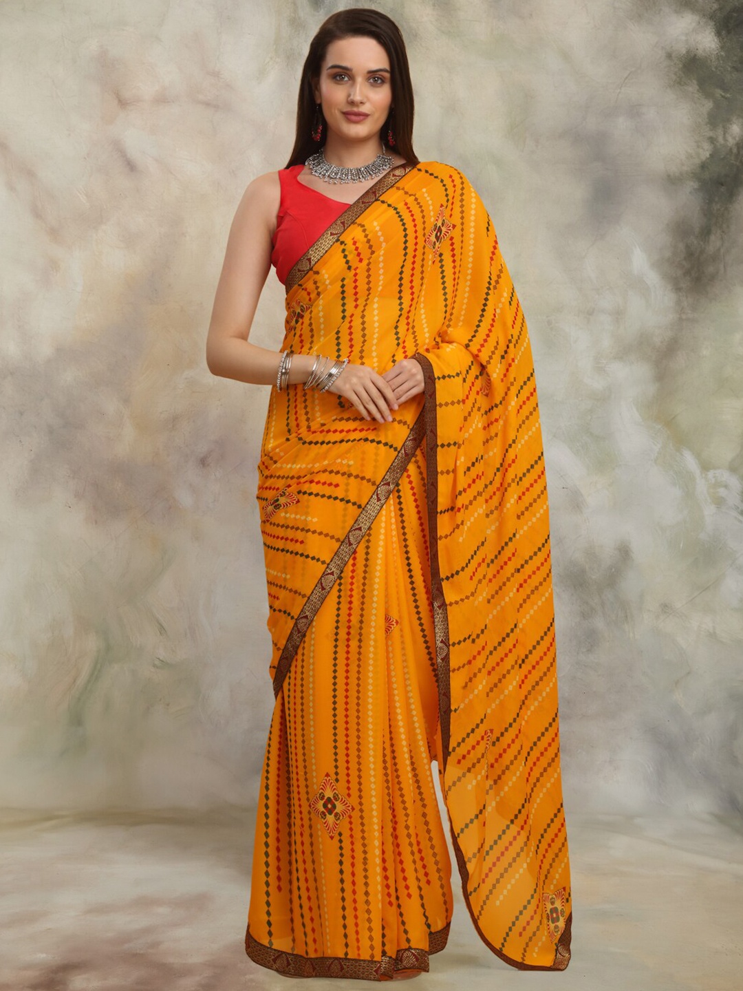 

Anuradha Sarees Geometric Zari Block Print Saree, Yellow