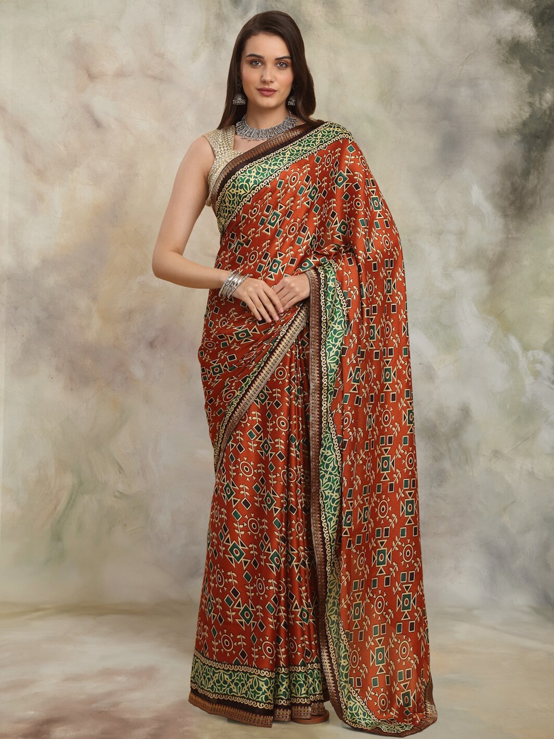 

Anuradha Sarees Ethnic Motifs Zari Block Print Saree, Red