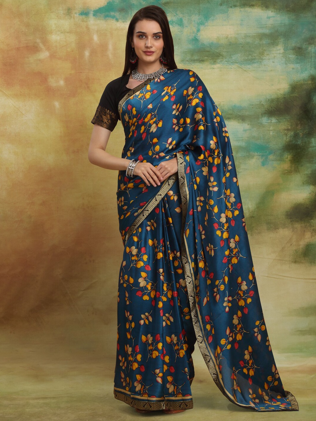 

Anuradha Sarees Floral Printed Pure Georgette Zari Block Print Saree, Blue