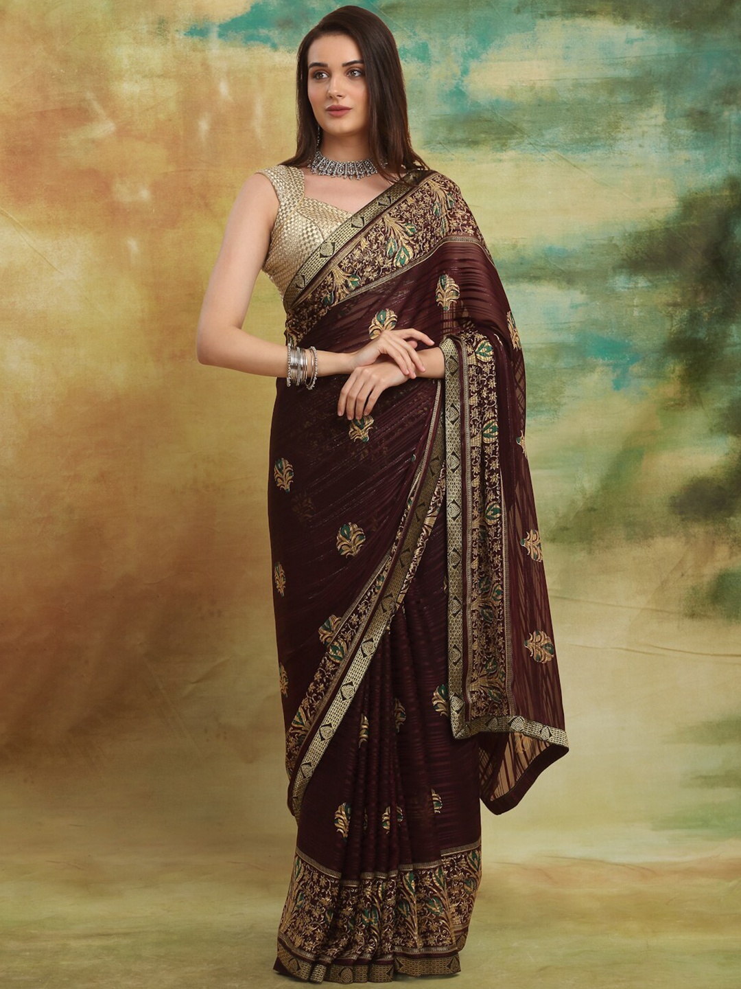 

Anuradha Sarees Ethnic Motifs Printed Pure Georgette Zari Block Print Saree, Burgundy