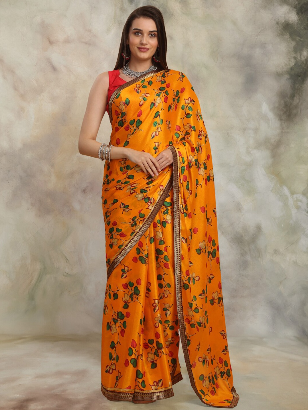 

Anuradha Sarees Floral Printed Pure Georgette Zari Block Print Saree, Yellow
