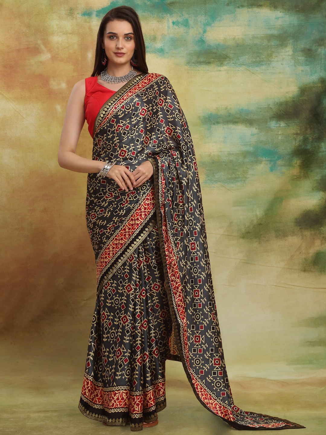 

Anuradha Sarees Ethnic Motifs Printed Zari Block Print Saree, Grey