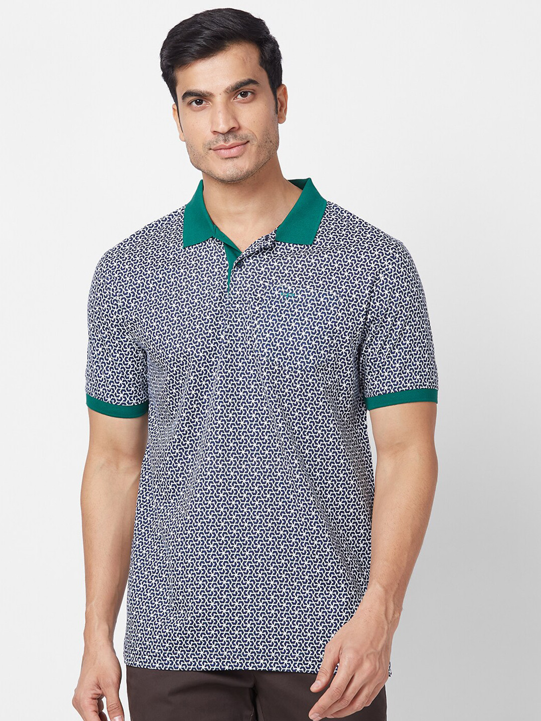 

ColorPlus Geometric Printed Polo Collar Tailored Fit Cotton T-shirt, Navy blue