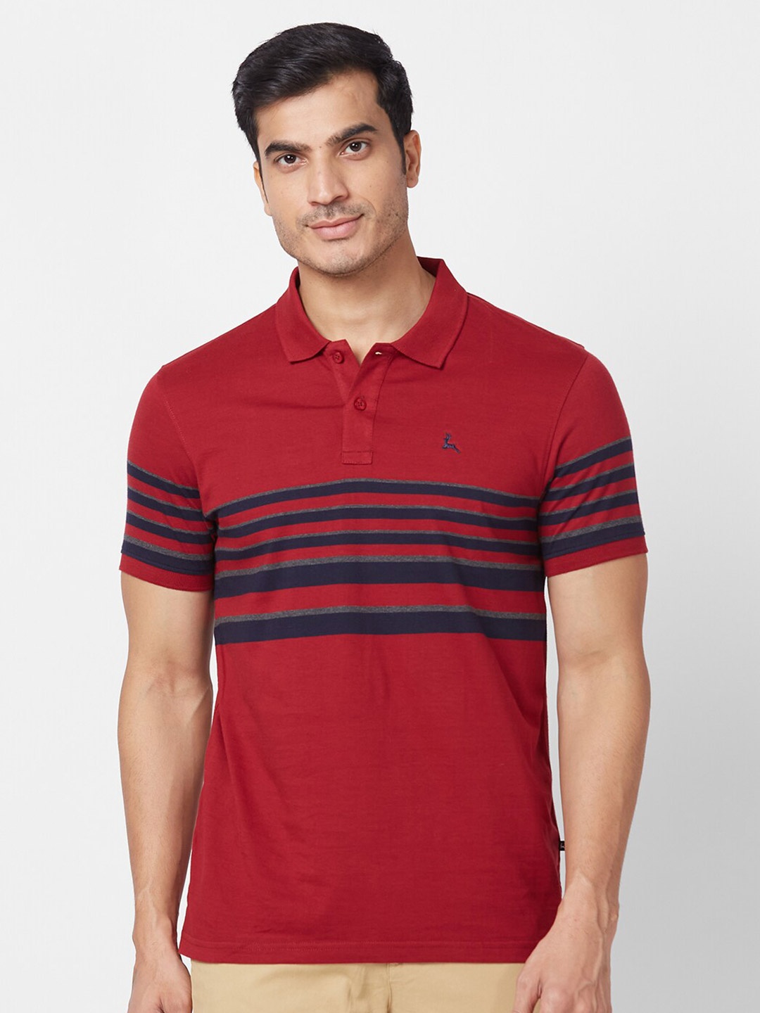 

Parx Striped Polo Collar Cotton T-shirt, Maroon