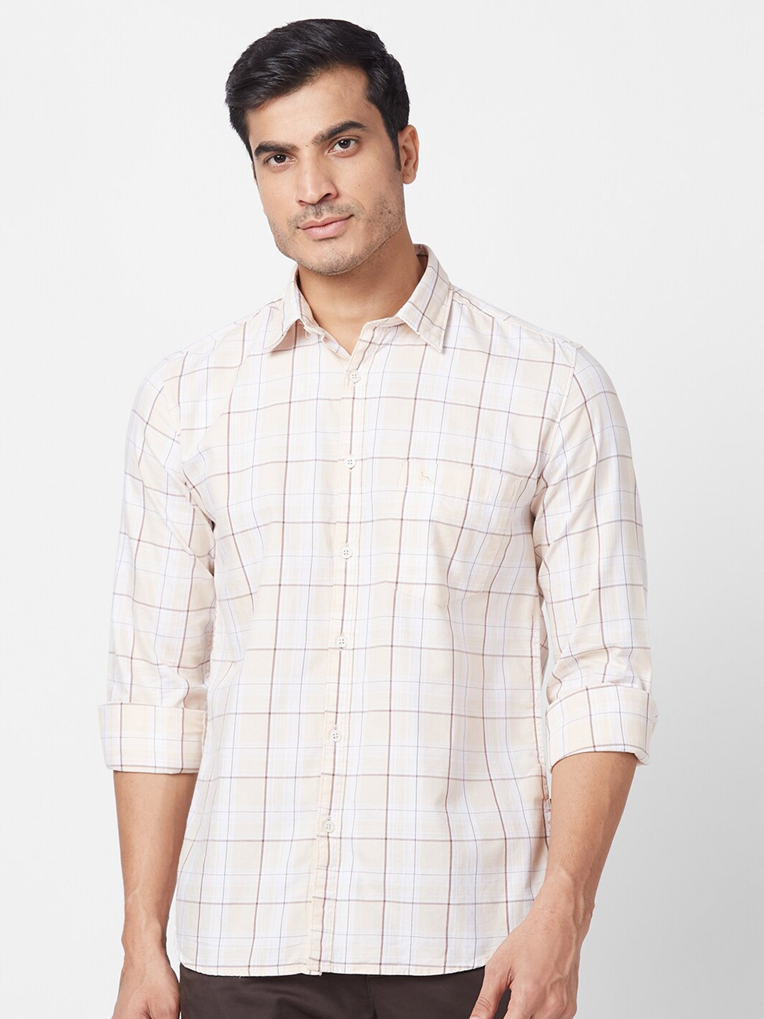 

Parx Slim Fit Windowpane Checked Cotton Casual Shirt, Beige