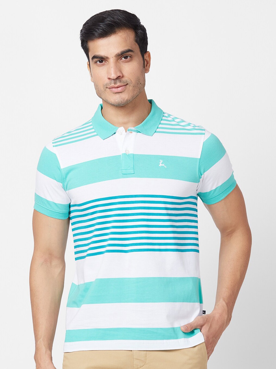 

Parx Striped Polo Collar Cotton T-shirt, Green