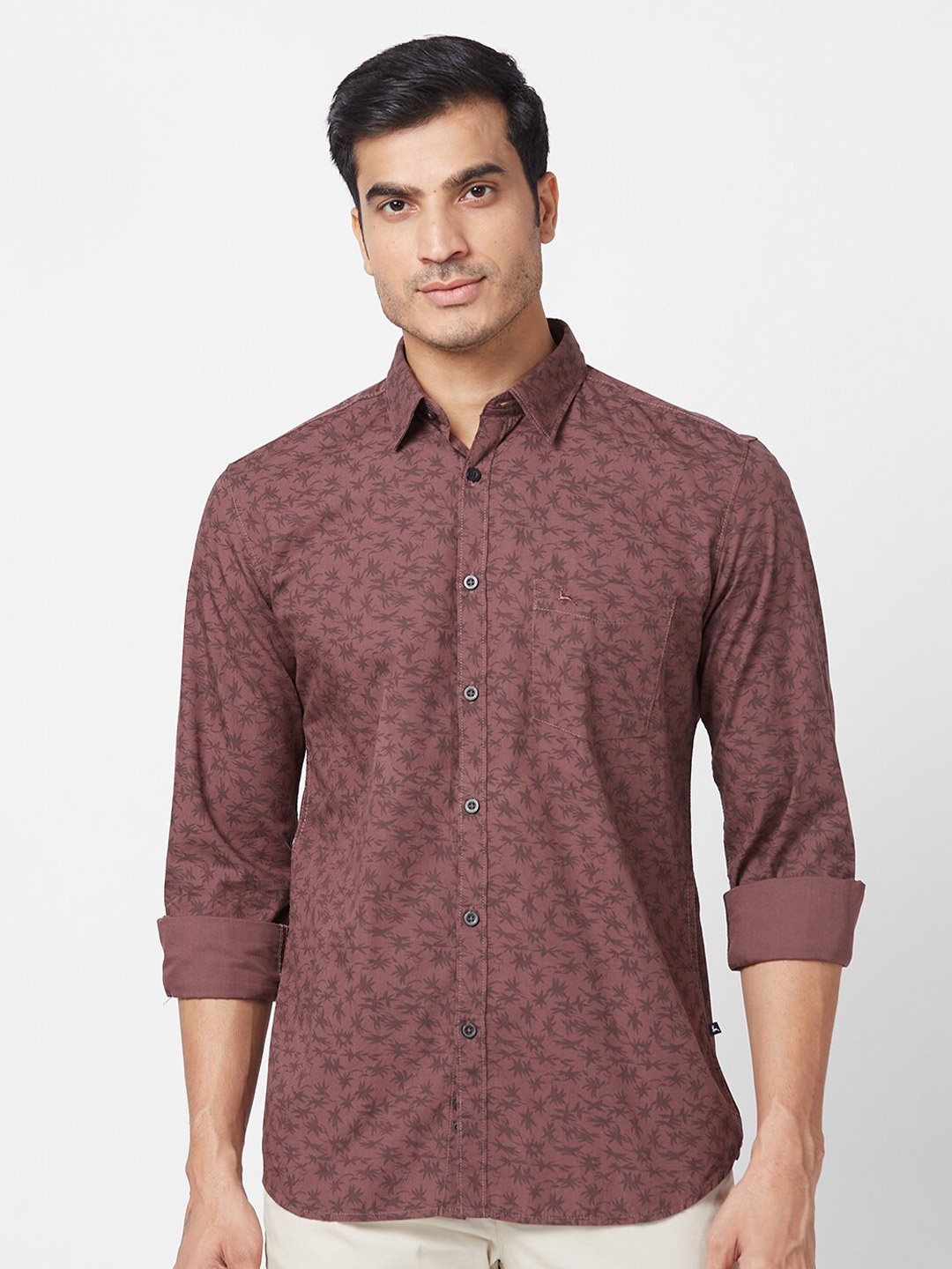 

Parx Slim Fit Floral Printed Casual Cotton Shirt, Brown