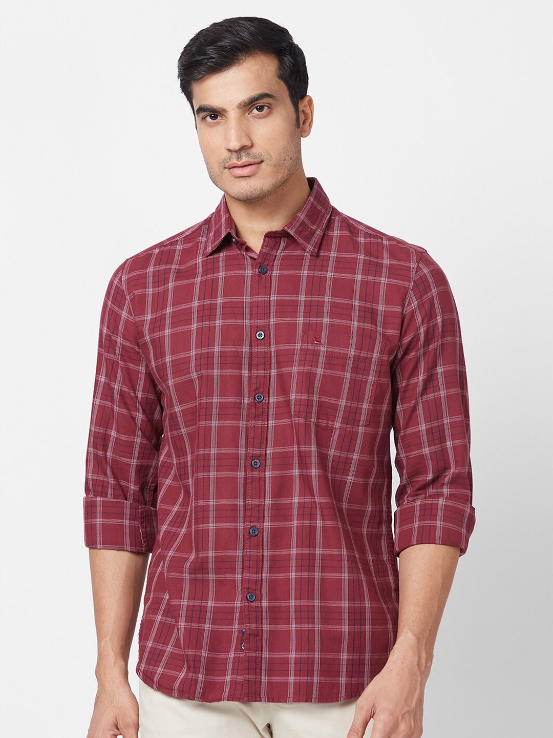 

Parx Slim Fit Windowpane Checked Spread Collar Casual Shirt, Red