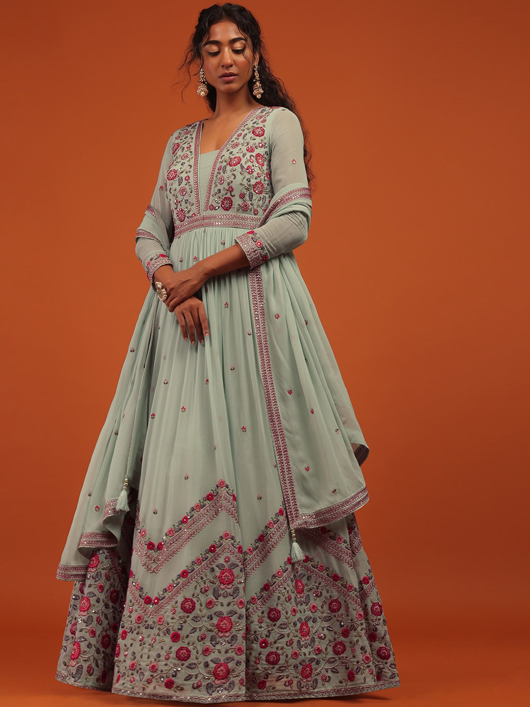 

KALKI Fashion Ethnic Motifs Embroidered V-Neck Thread Work Kurta Leggings With Dupatta, Blue