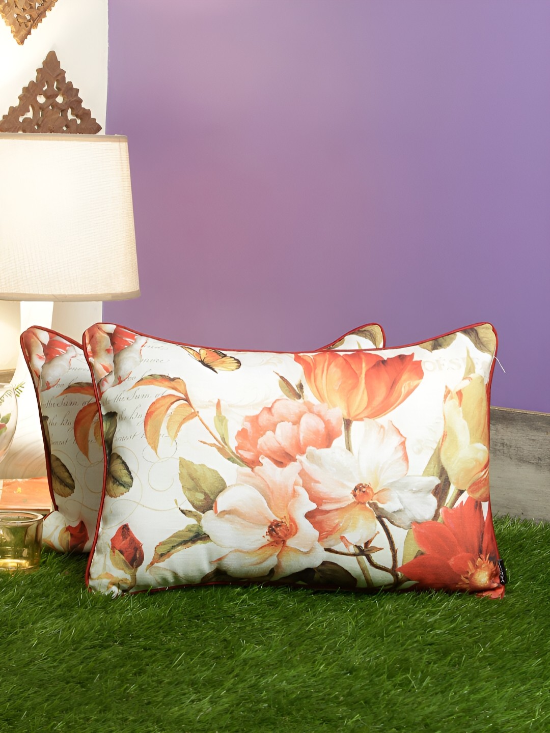 

THE CONVERSION Orange & White 2 Pieces Floral Rectangle Cushion Covers