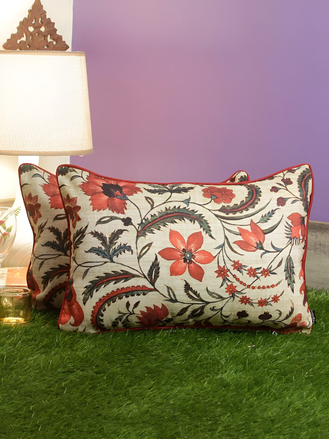 

THE CONVERSION Rust & Cream 2 Pieces Floral Rectangle Cushion Covers