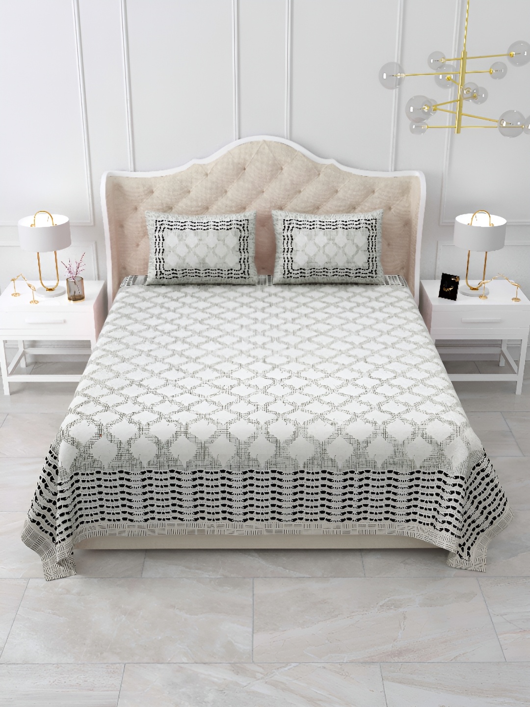 

DOLLIFI Grey and Black Floral 260 TC Cotton King Bedsheet with 2 Pillow Covers