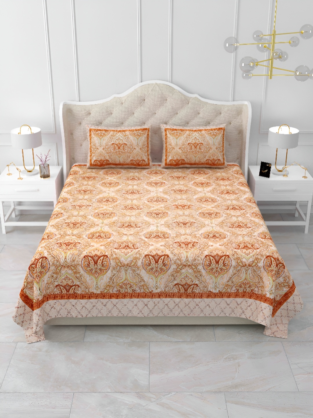 

DOLLIFI Orange and White Floral 260 TC Cotton King Bedsheet with 2 Pillow Covers