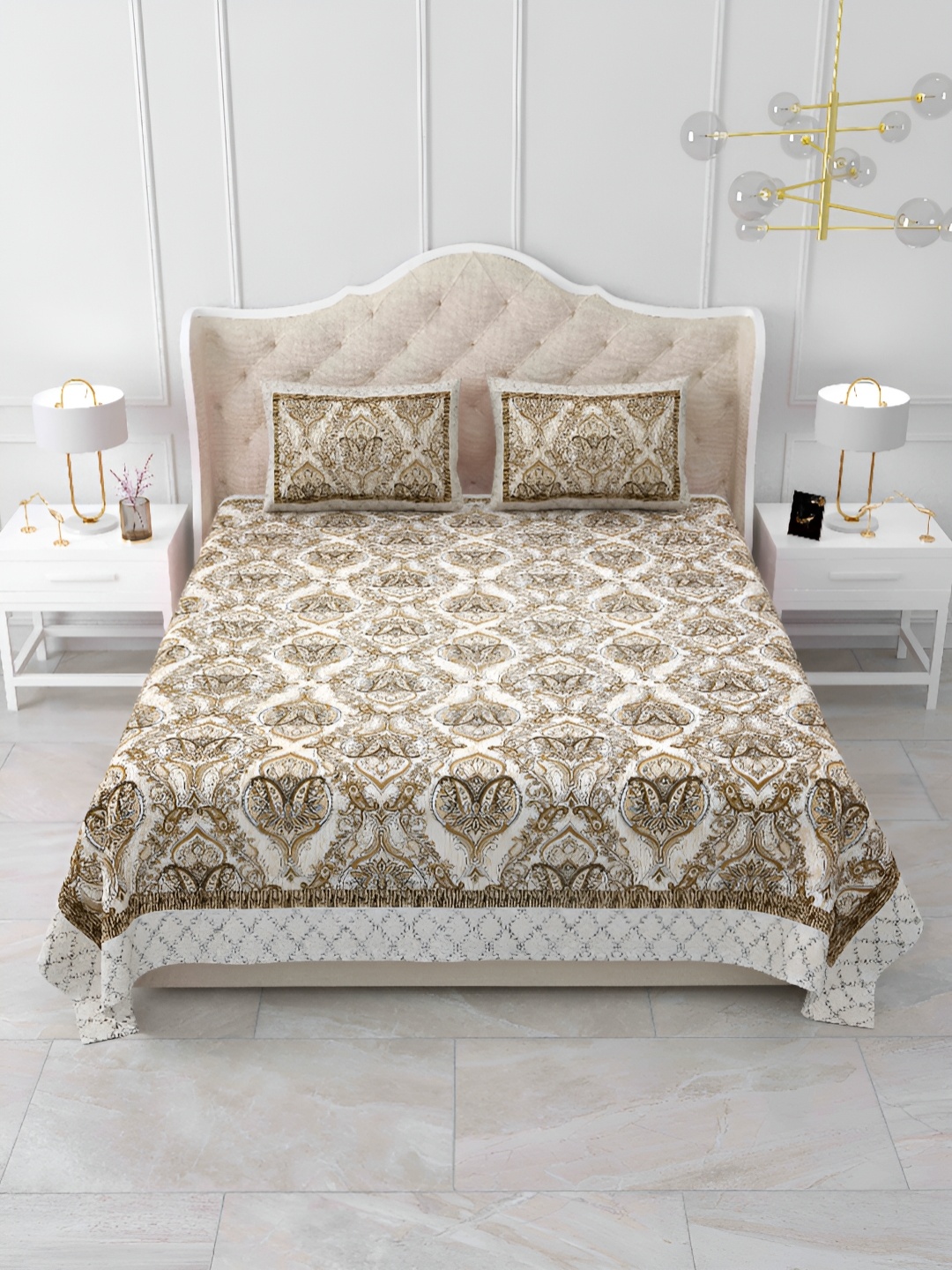 

DOLLIFI Brown and White Floral 260 TC King Bedsheet with 2 Pillow Covers