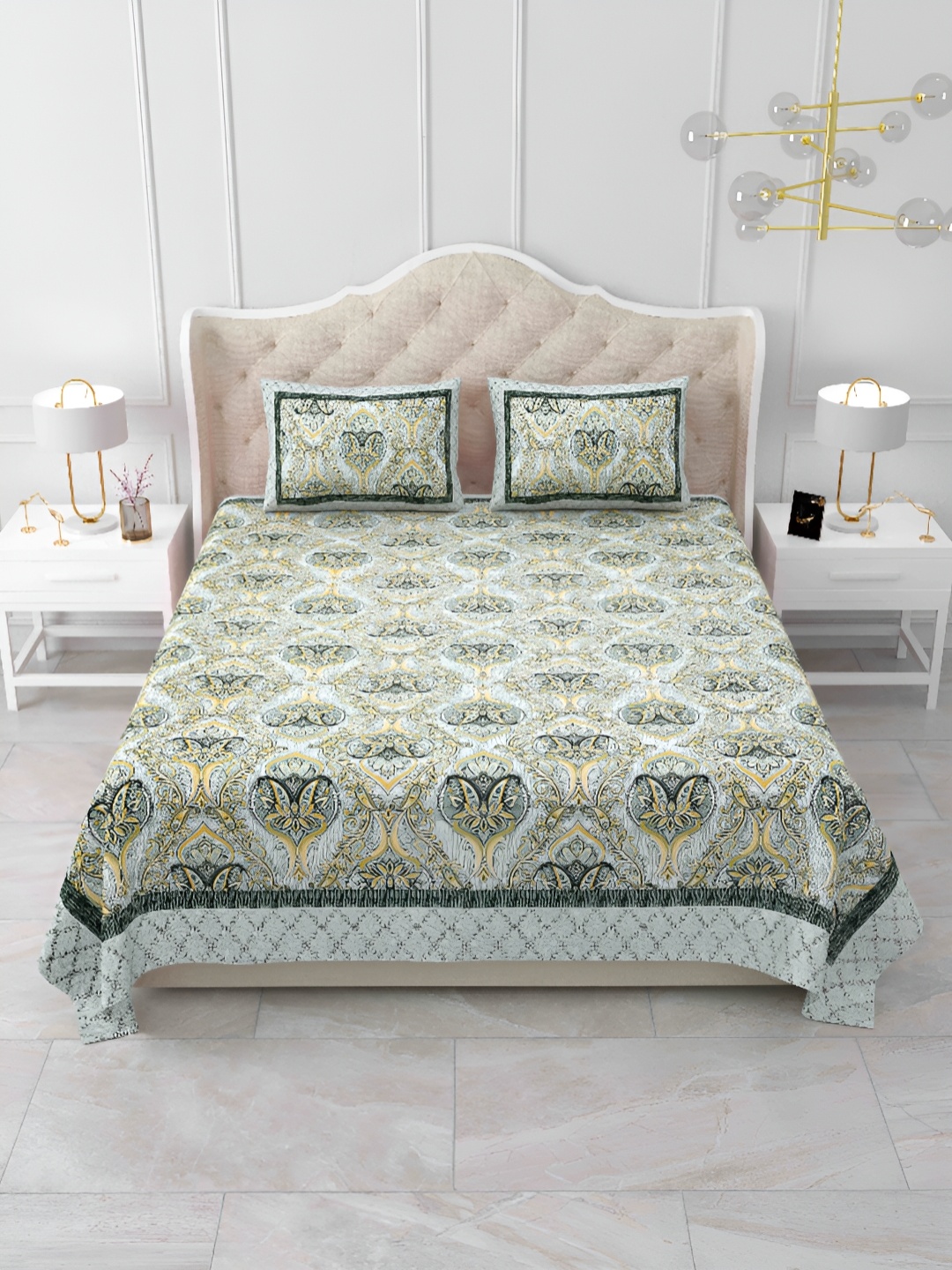 

DOLLIFI Green and Yelllow Floral 260 TC King Cotton Bedsheet with 2 Pillow Covers