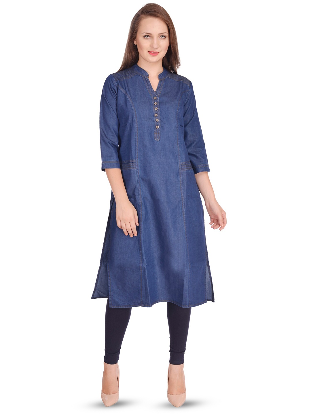 

BAESD Denim Mandarin Three-Quarter Sleeves Straight Kurta, Blue