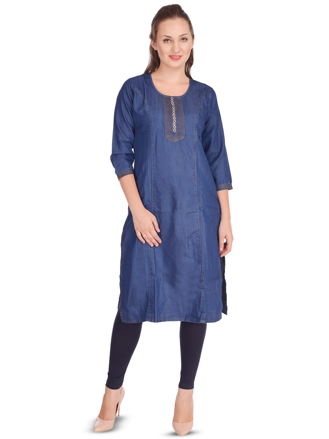 

BAESD Denim Mandarin Three-Quarter Sleeves Straight Kurta, Blue
