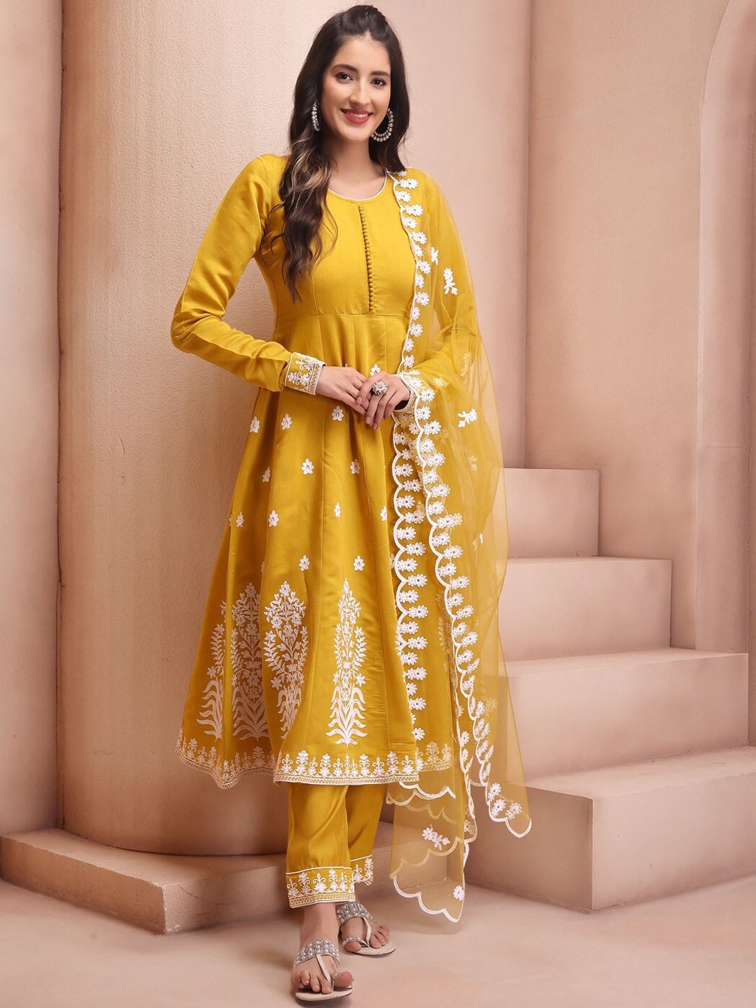 

Growdamy Floral Embroidered Kurta & Trousers With Dupatta, Yellow