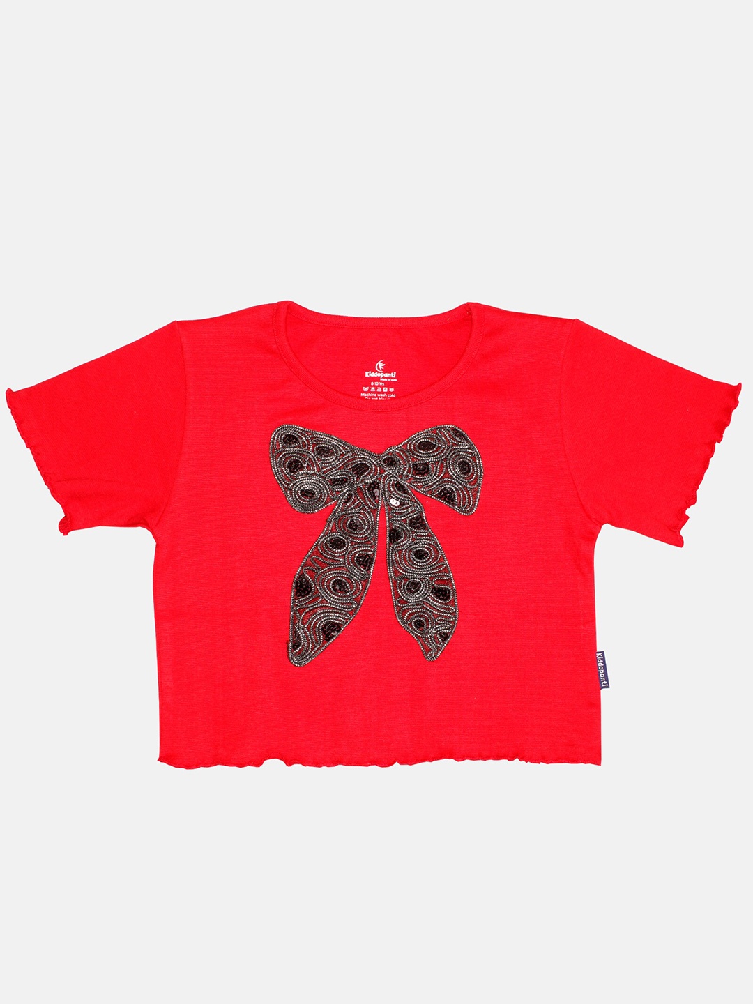 

KiddoPanti Girls Embellished Pure Cotton Crop T-shirt, Red