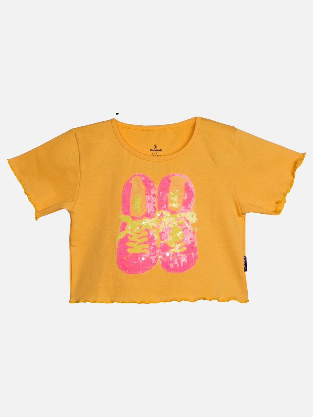 KiddoPanti Girls Embellished Pure Cotton Crop T-shirt, Yellow