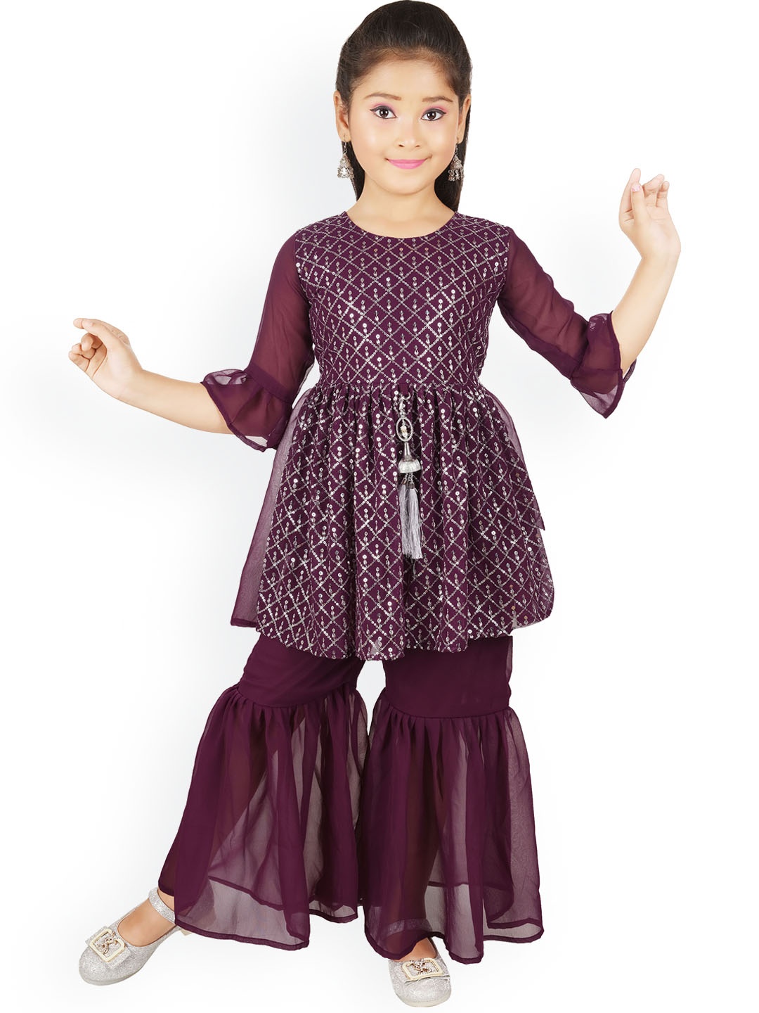 

BAESD Girls Embellished Empire Sequined Georgette A-Line Kurta with Sharara, Purple