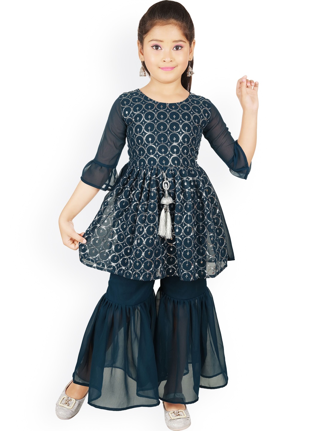 

BAESD Girls Floral Embellished Empire Sequinned Georgette A-Line Kurta with Sharara, Green