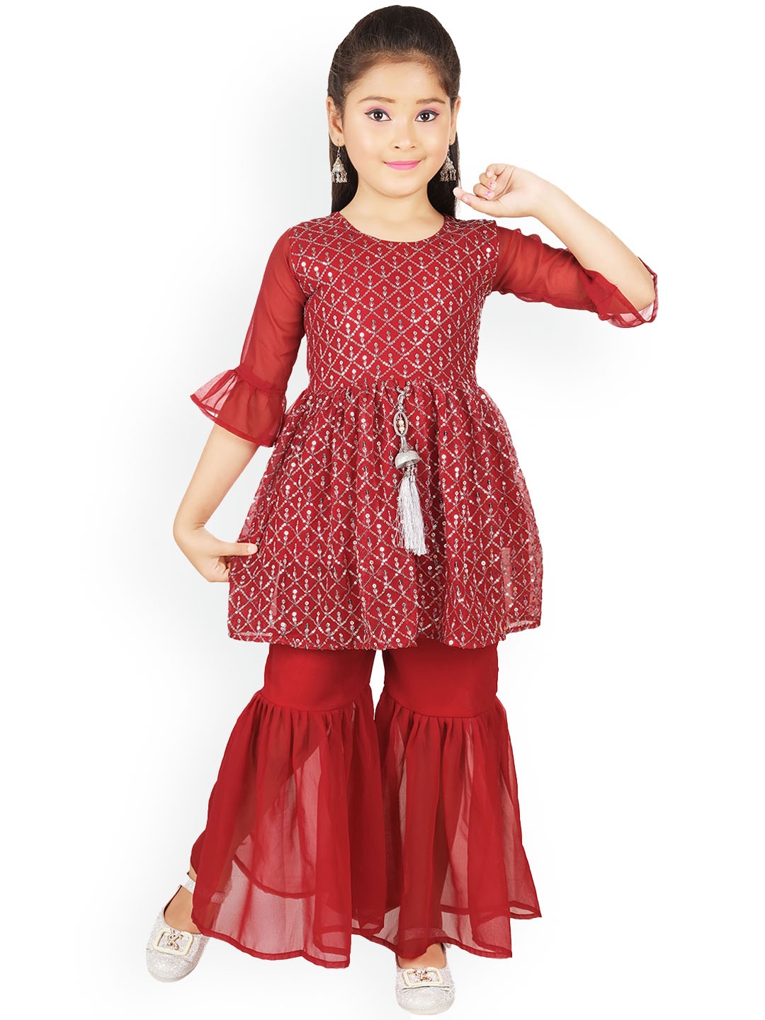 

BAESD Girls Ethnic Motifs Embroidered Regular Sequinned Georgette Kurti With Sharara, Red