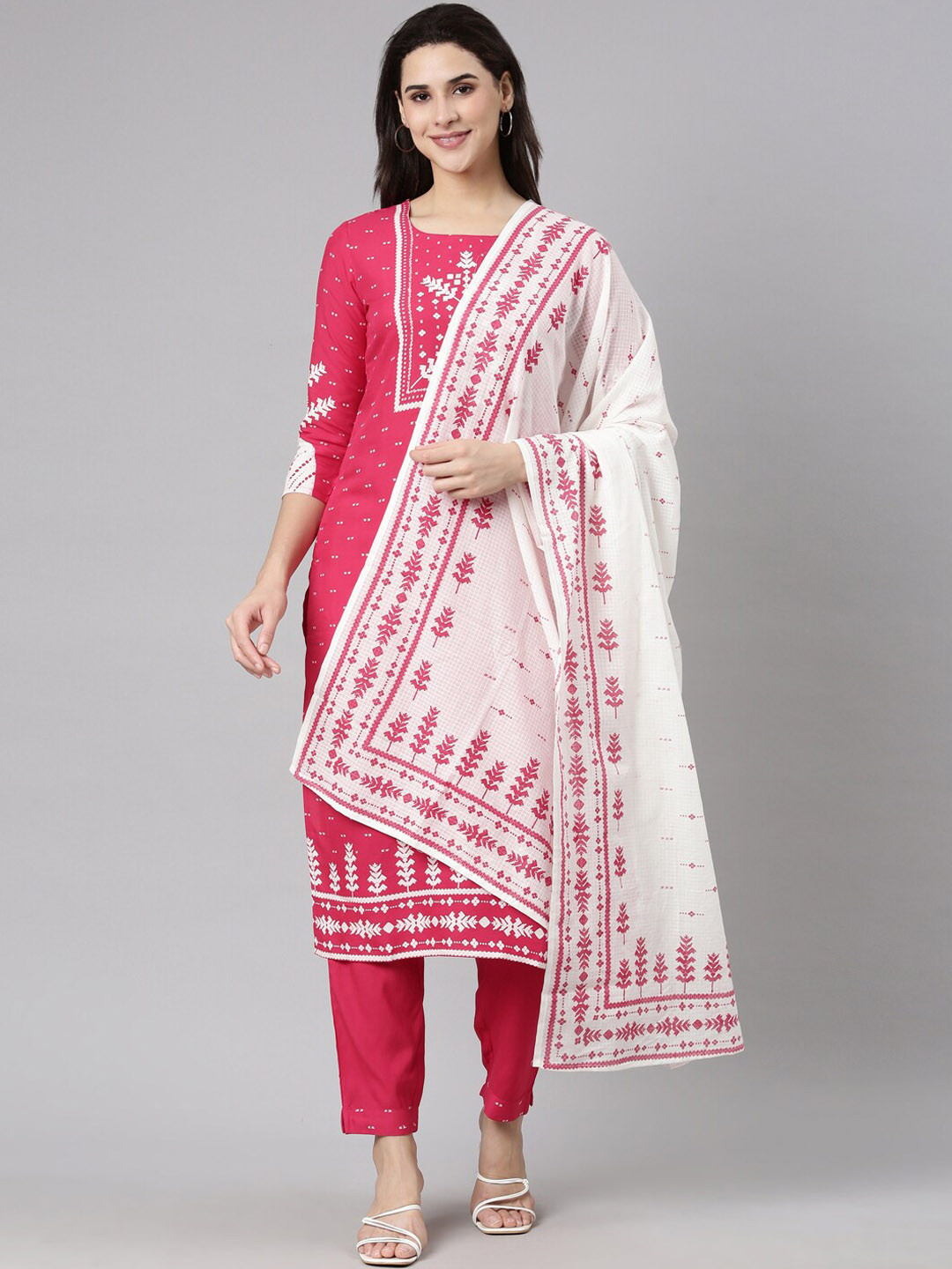 

Neerus Ethnic Motifs Printed Round Neck Regular Straight Kurta With Trousers & Dupatta, Pink