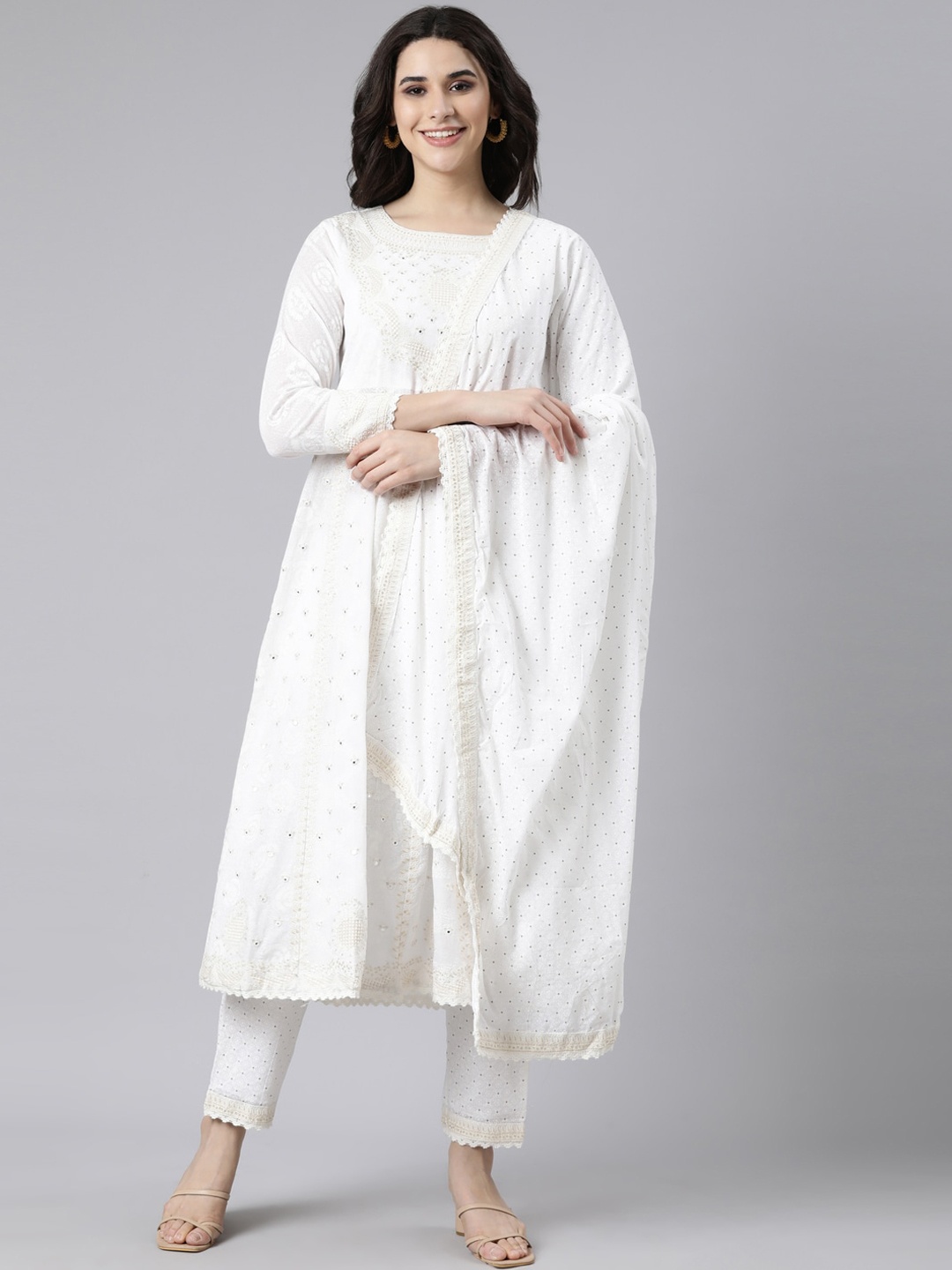 

Neerus Ethnic Motifs Embroidered Regular Kurta With Trousers & Dupatta, Off white