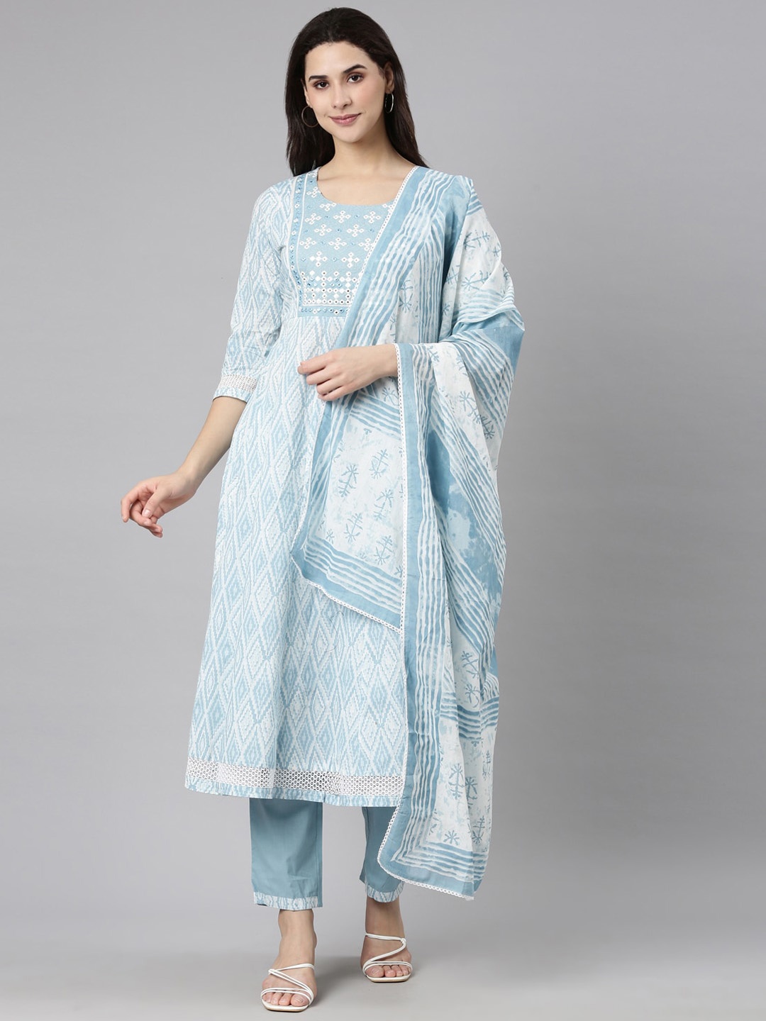 

Neerus Geometric Printed Round Neck Mirror Work Kurta with Trousers & With Dupatta, Blue