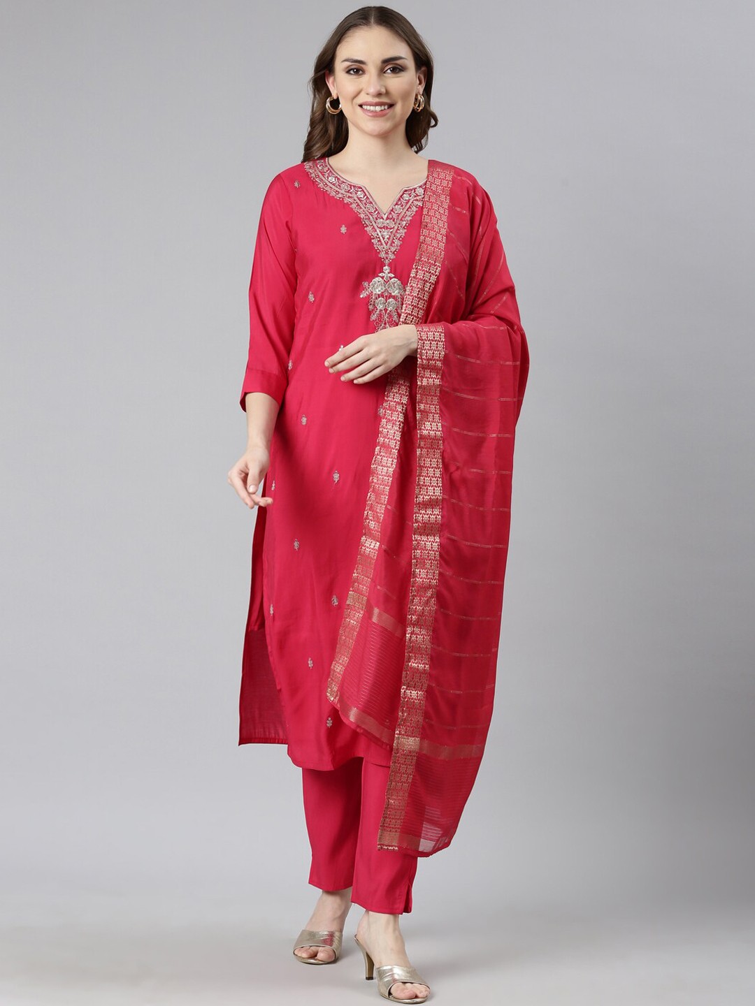 

Neerus Floral Embroidered Regular Kurta with Trousers & Dupatta, Pink