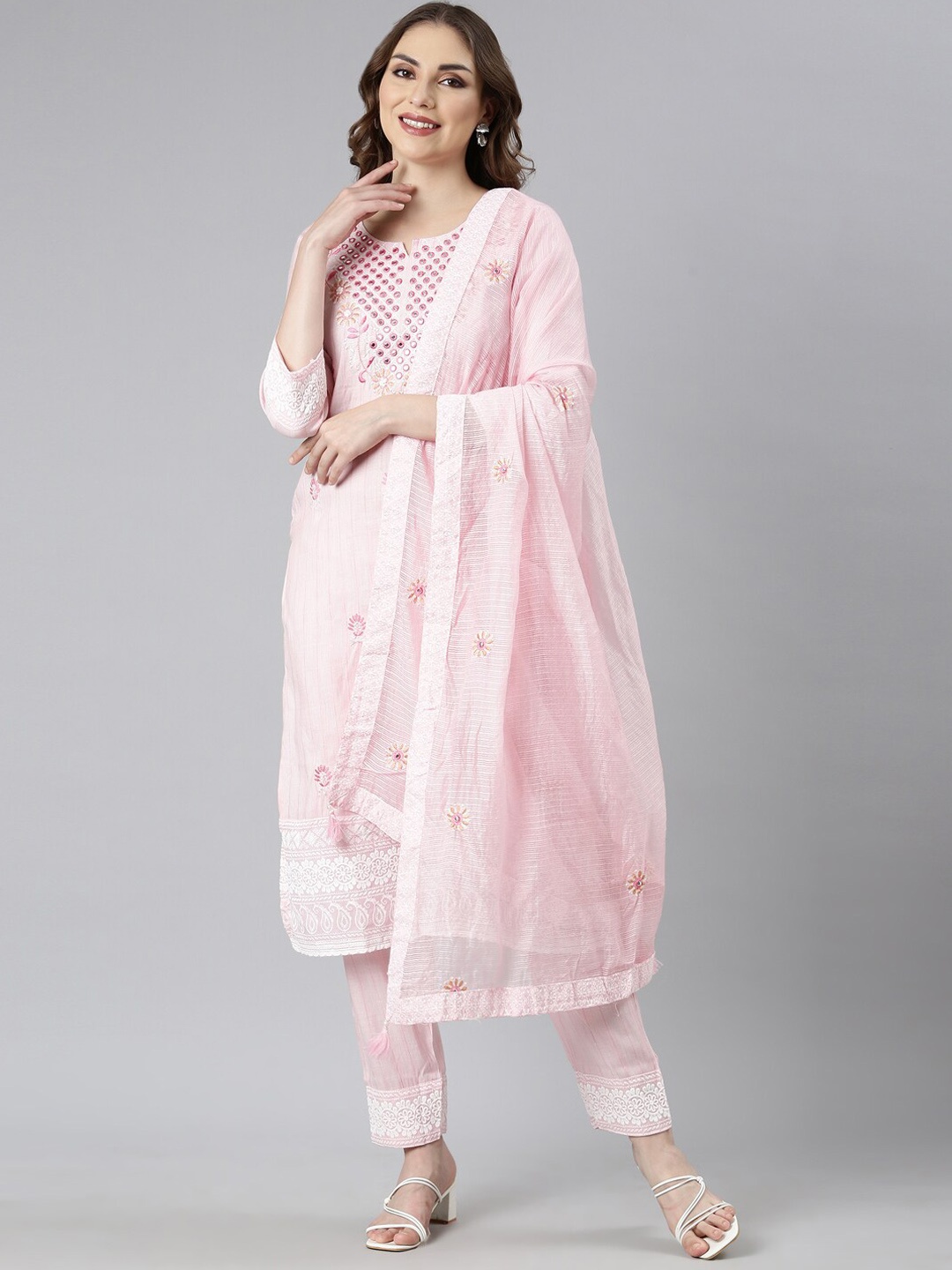 

Neerus Floral Embroidered Mirror Work Kurta with Trousers & With Dupatta, Pink