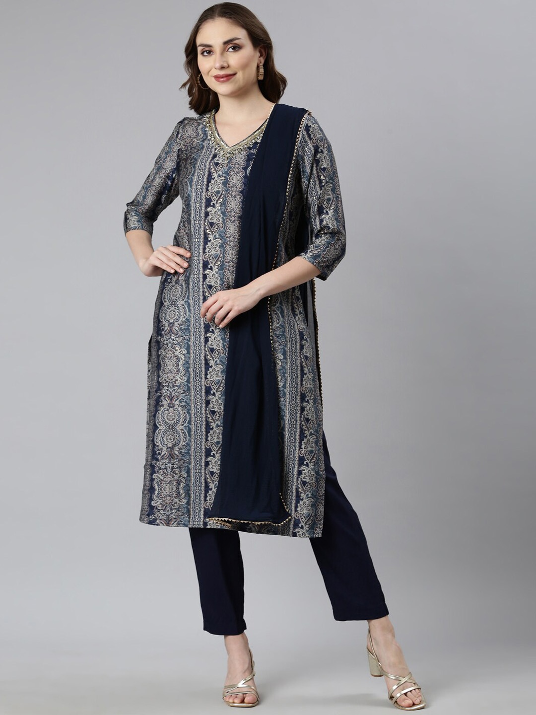 

Neerus Ethnic Motifs Printed V-Neck Regular Beads and Stones Kurta with Trousers & Dupatta, Blue