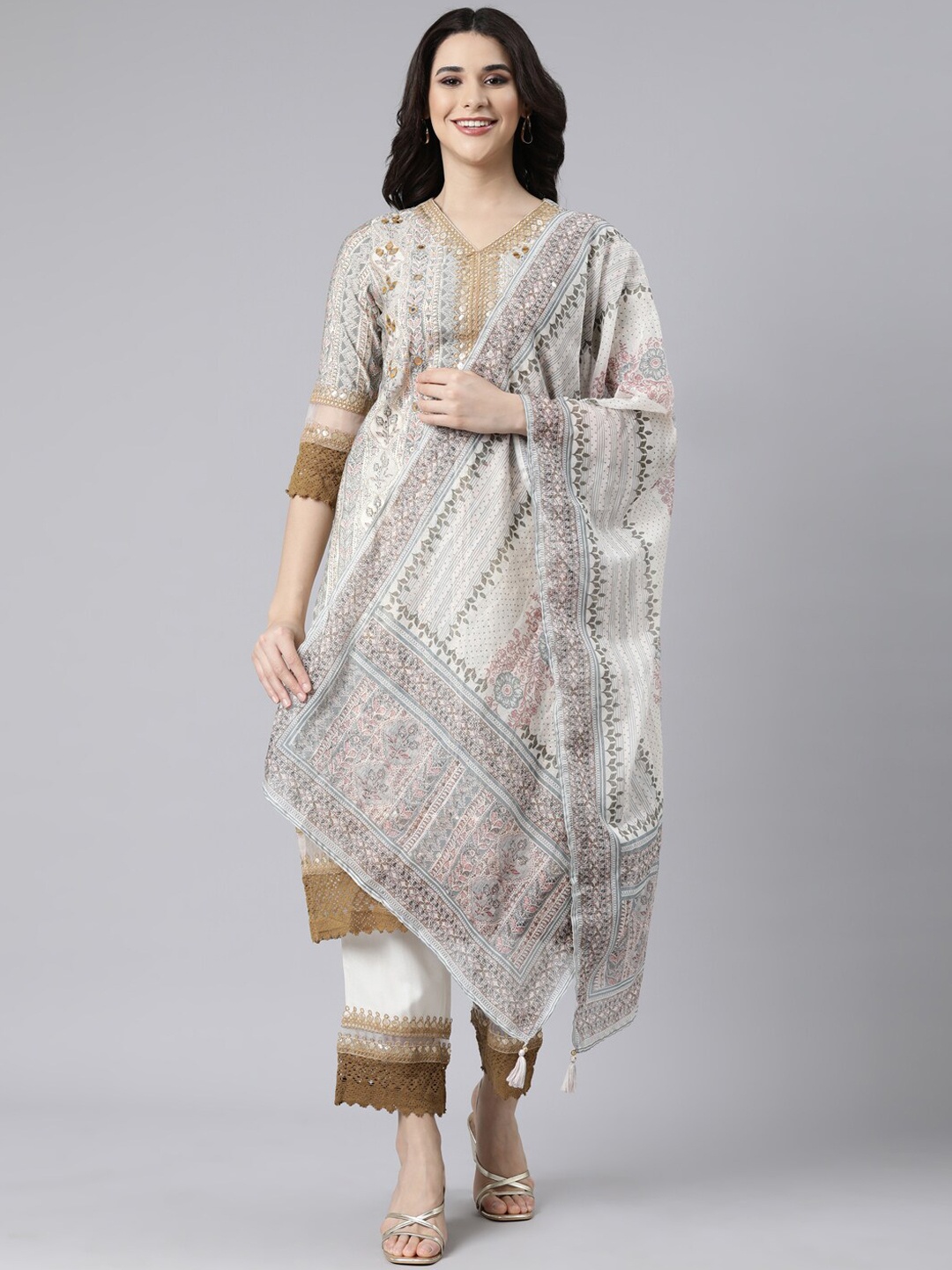 

Neerus Floral Embroidered Regular V-Neck Mirror Work Kurta with Trousers & Dupatta, Cream