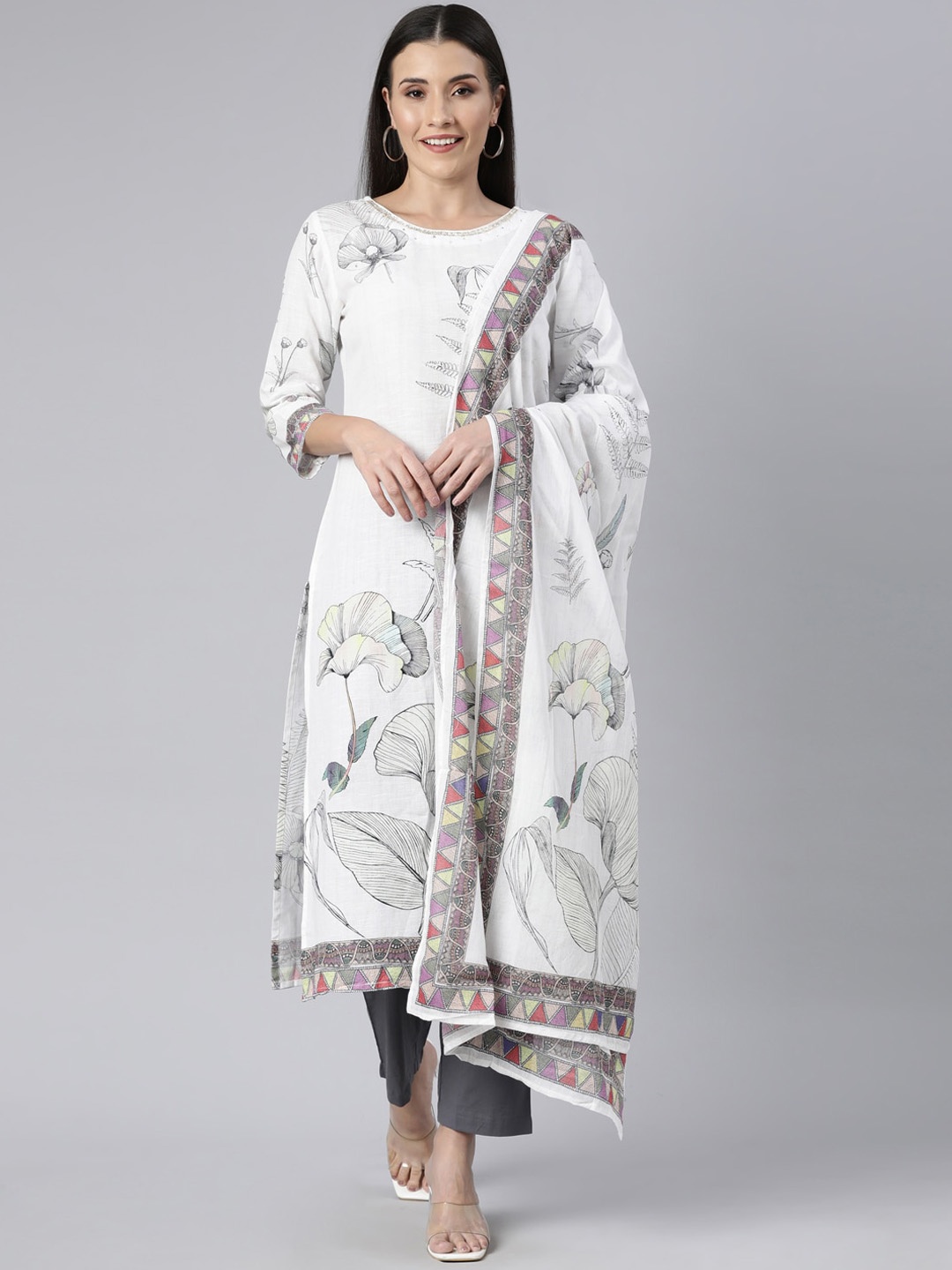 

Neerus Floral Printed Regular Sequinned Kurta with Trousers & Dupatta, Off white