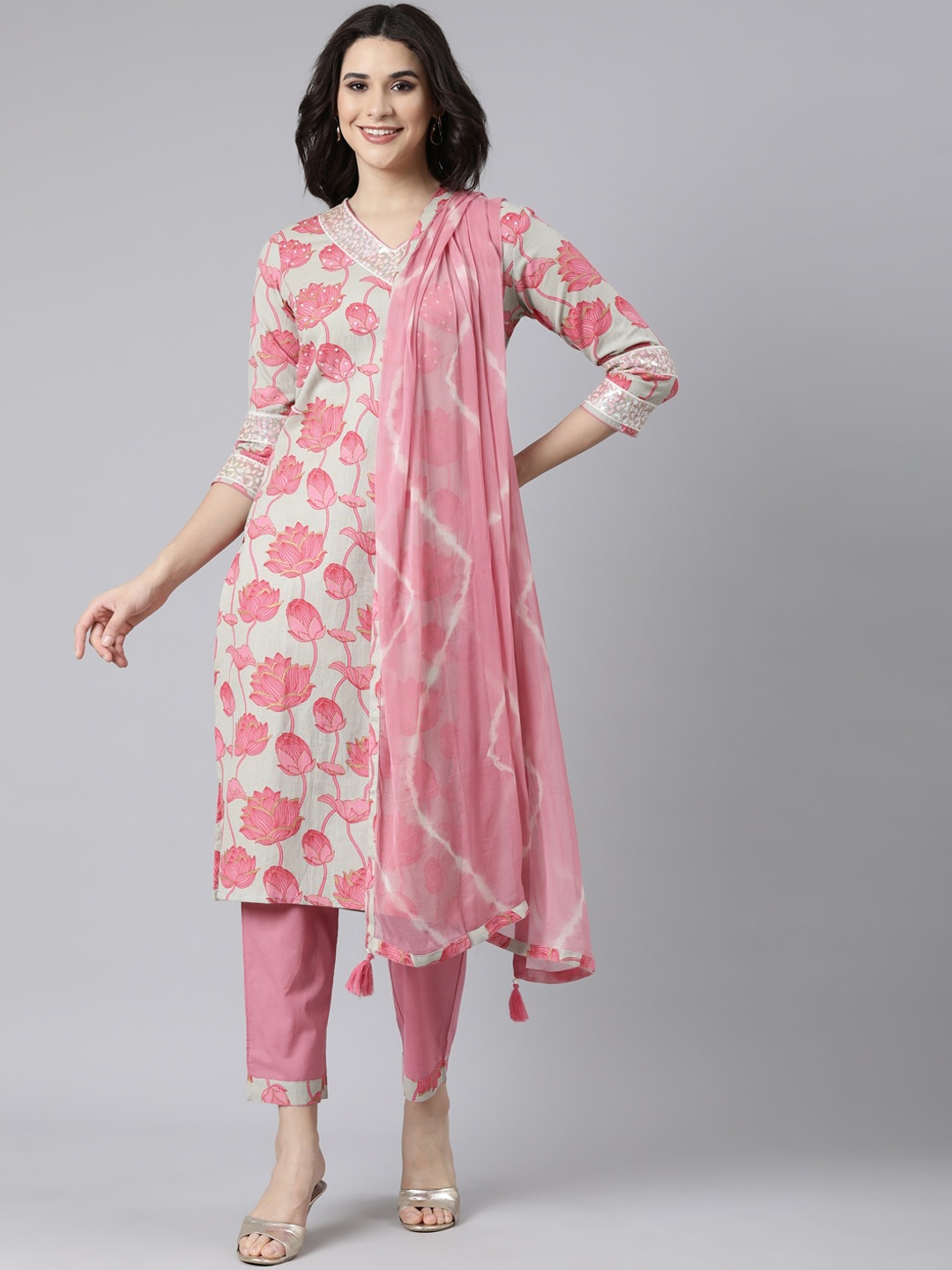 

Neerus Floral Printed V-Neck Sequinned Linen Kurta With Trousers & Dupatta, Pink