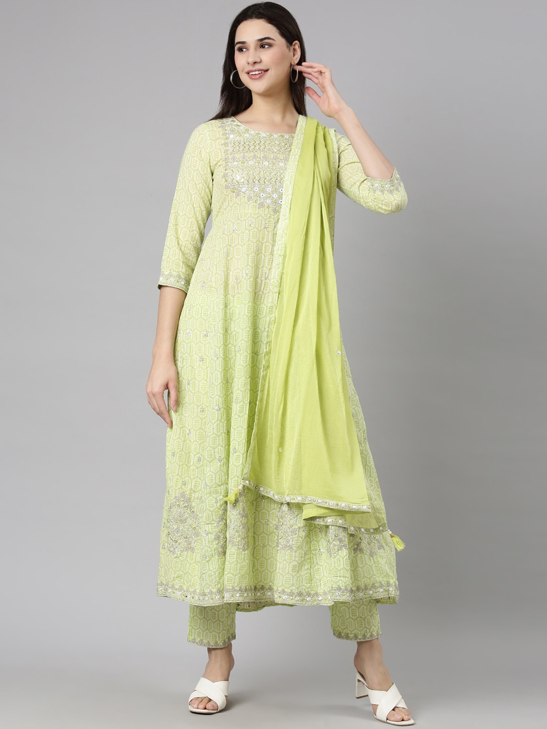 

Neerus Round Neck Printed Regular Mirror Work Kurta with Trousers & Dupatta, Lime green