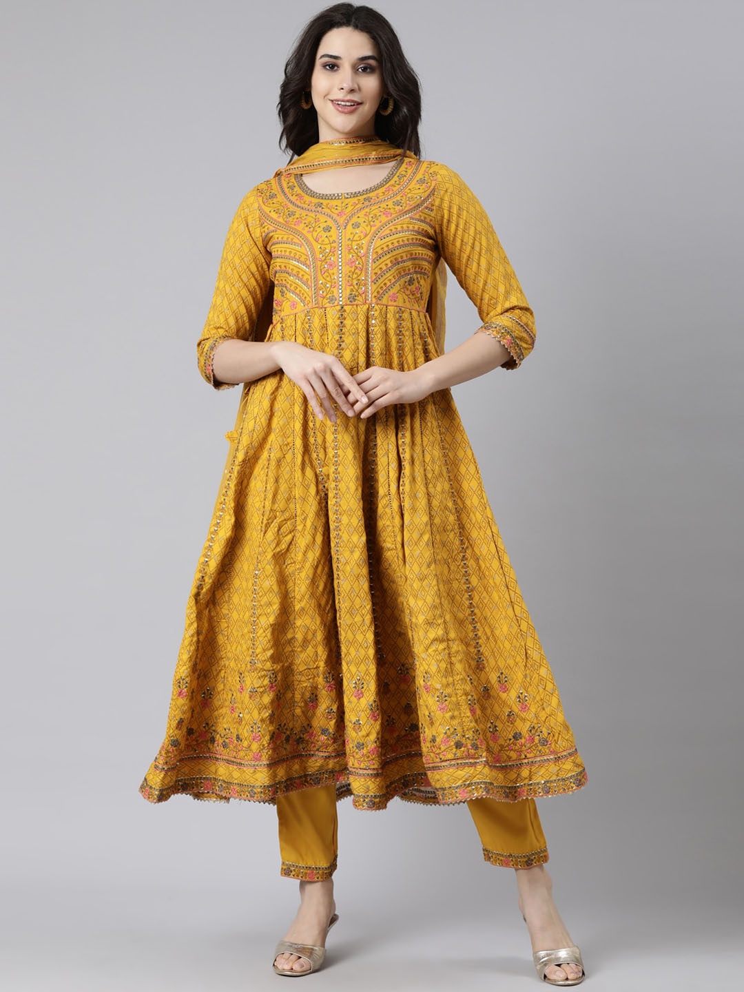 

Neerus Floral Embroidered Regular Anarkali Kurta with Trousers & Dupatta, Mustard