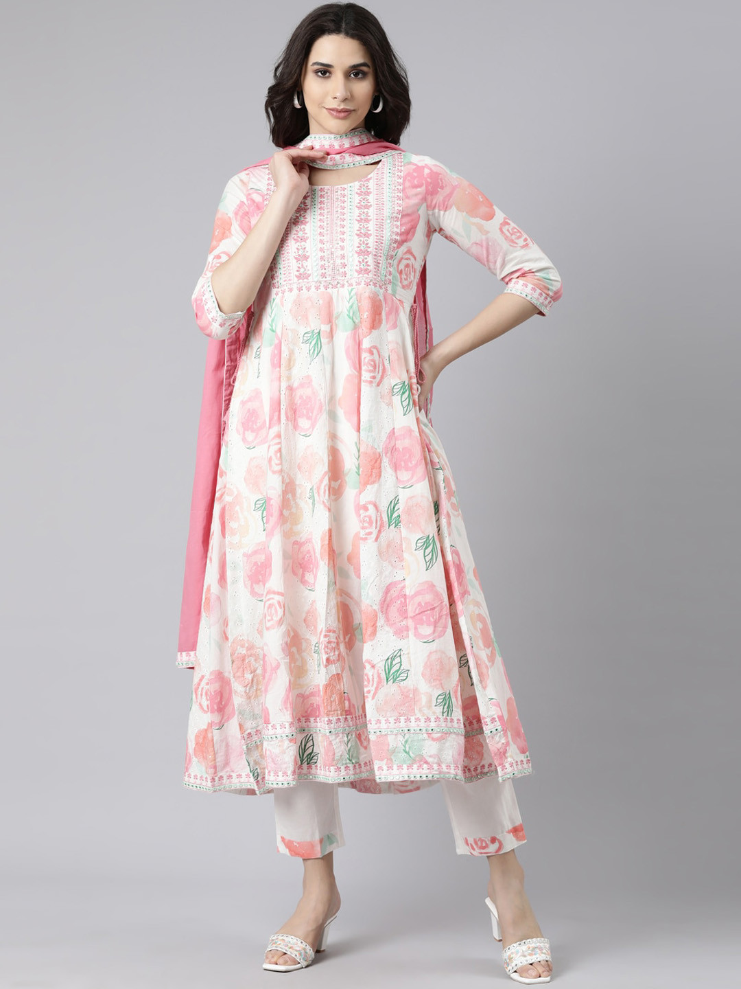 

Neerus Floral Printed Thread Work Anarkali Kurta with Trousers & Dupatta, White