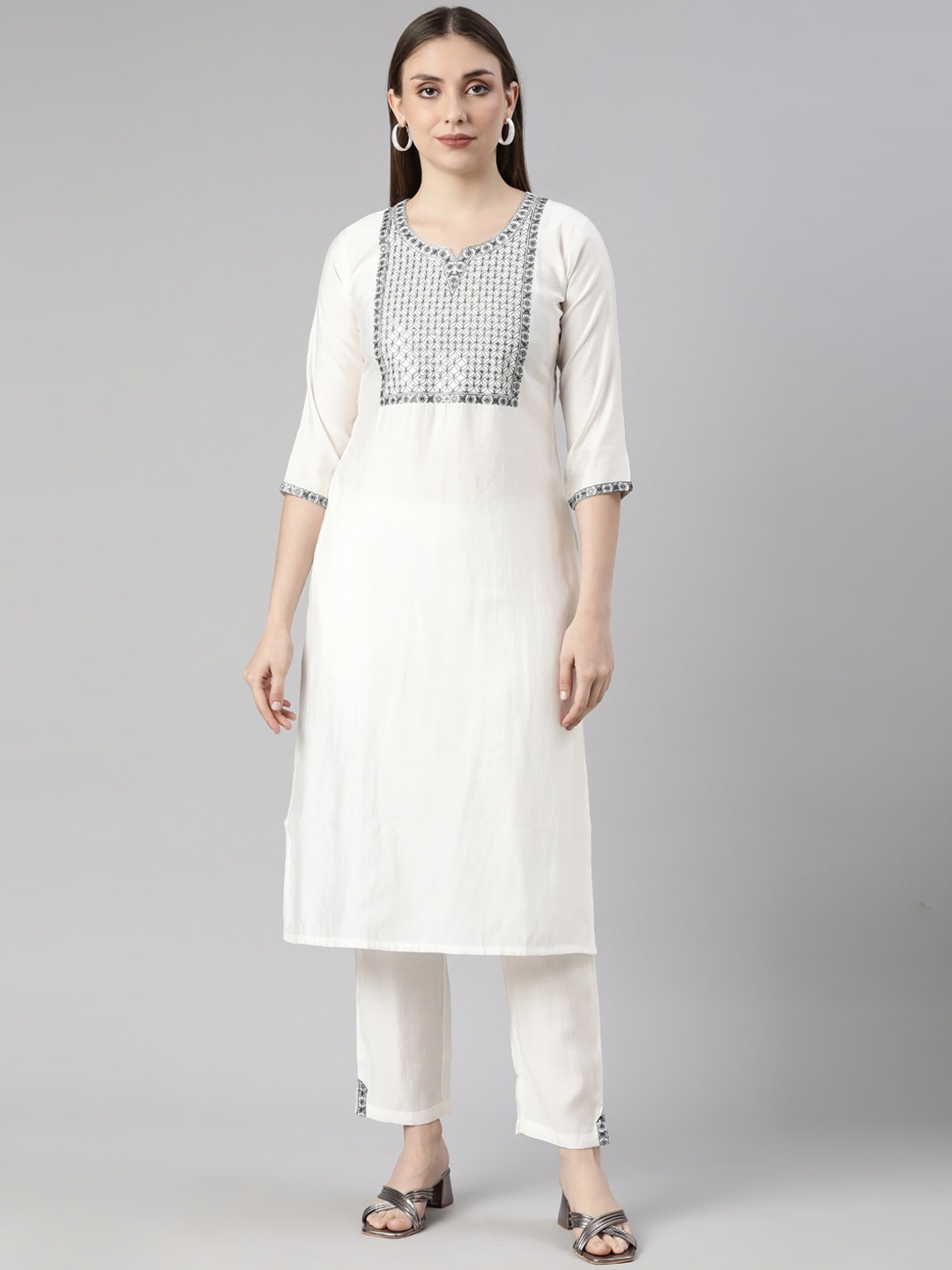 

Neerus Ethnic Motifs Yoke Design Thread Work Kurta with Trousers, White