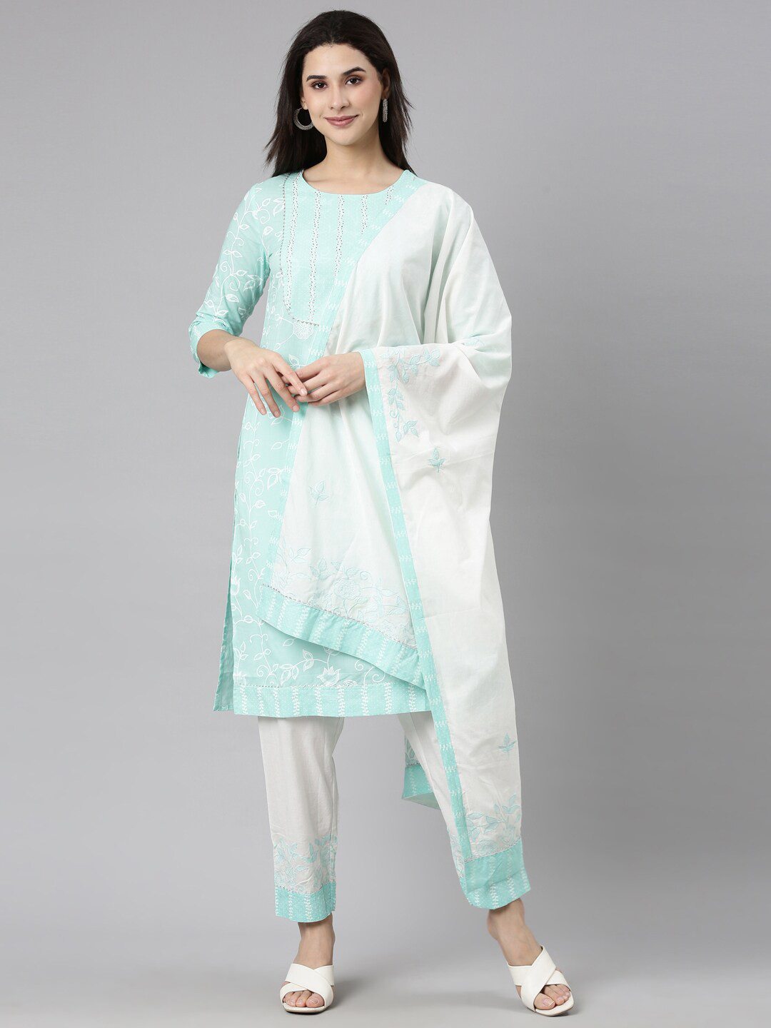 

Neerus Floral Printed Sequinned Kurta & Trousers With Dupatta, Sea green