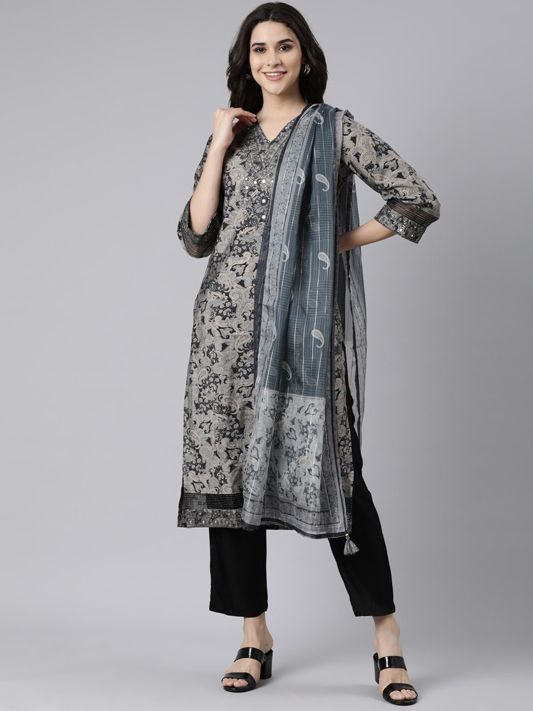 

Neerus Paisley Printed V-Neck Mirror Work Kurta with Trousers & With Dupatta, Grey