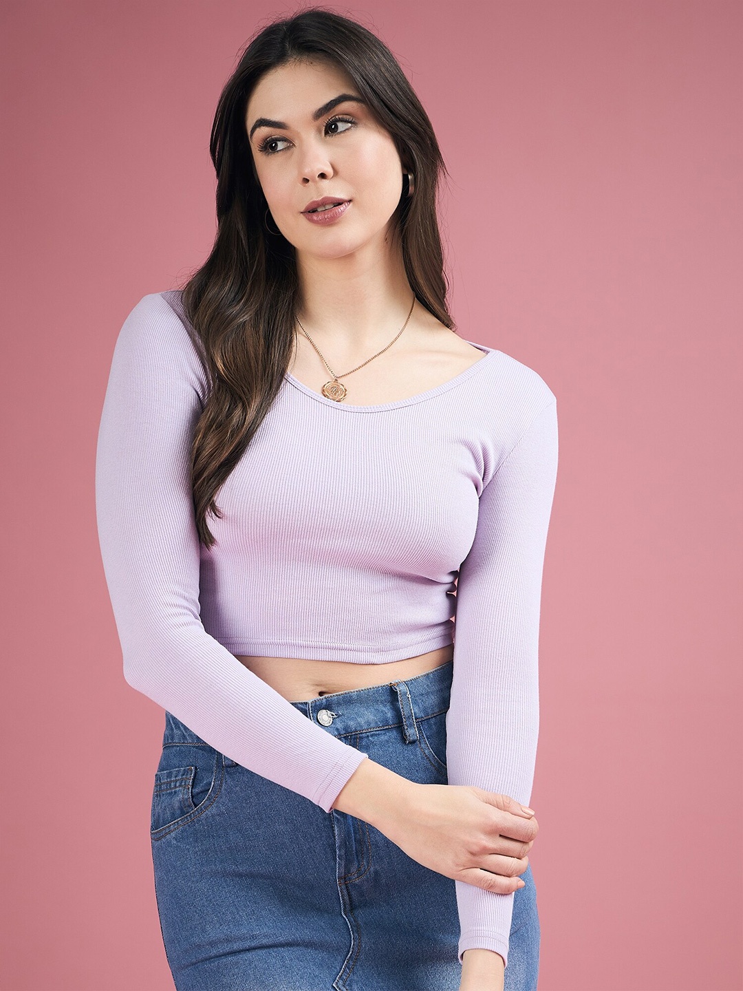 

DressBerry Round Neck Fitted Crop Top, Lavender