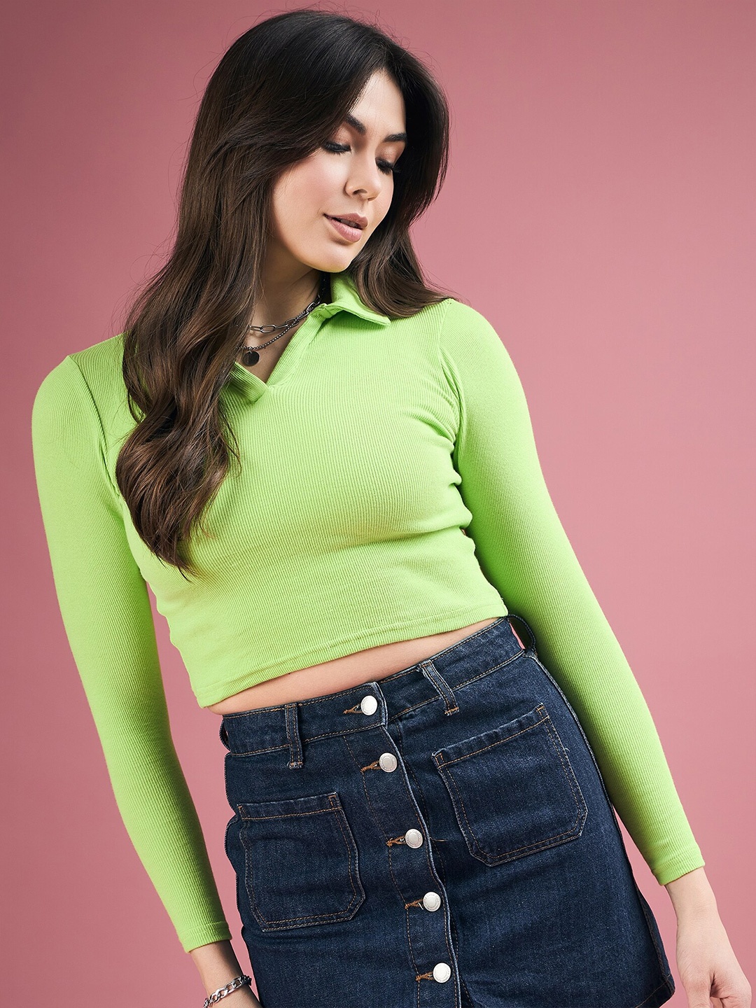 

DressBerry Shirt Collar Fitted Crop Top, Fluorescent green