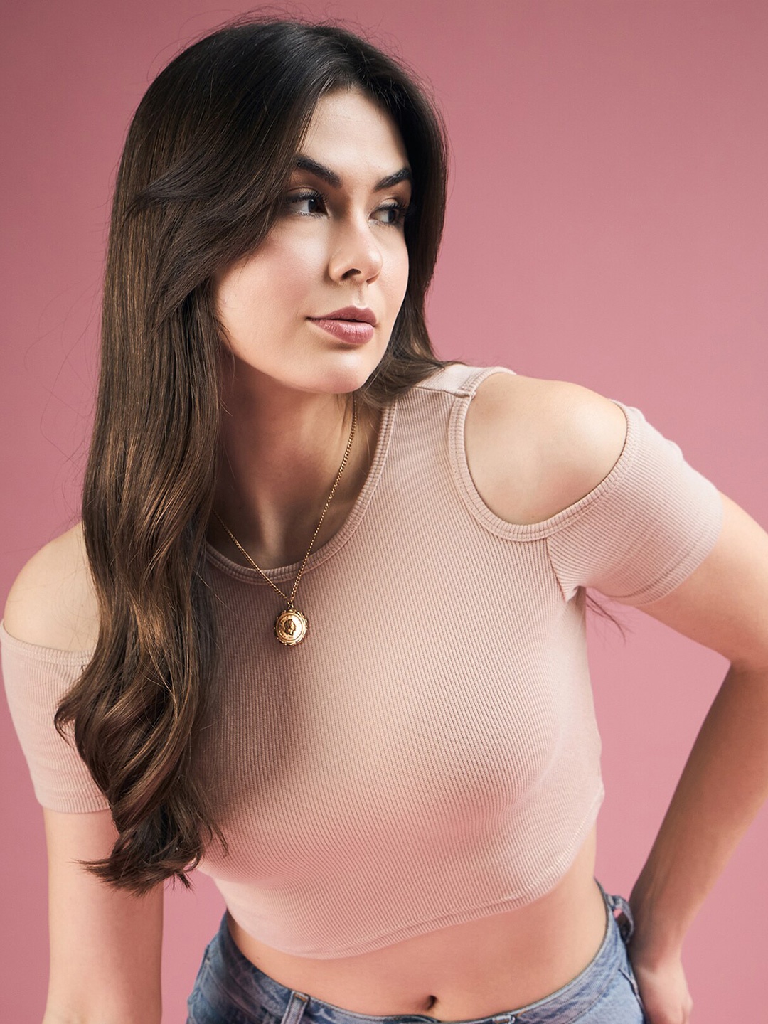 

DressBerry Cold-Shoulder Sleeves Fitted Crop Top, Beige