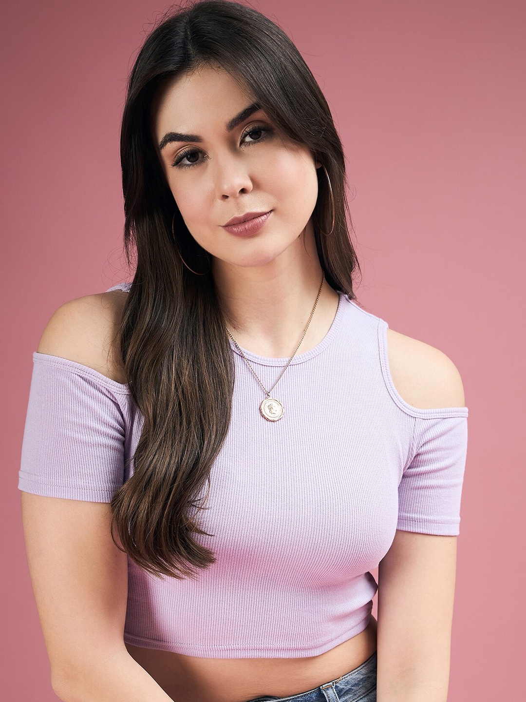 

DressBerry Cold-Shoulder Fitted Crop Top, Lavender